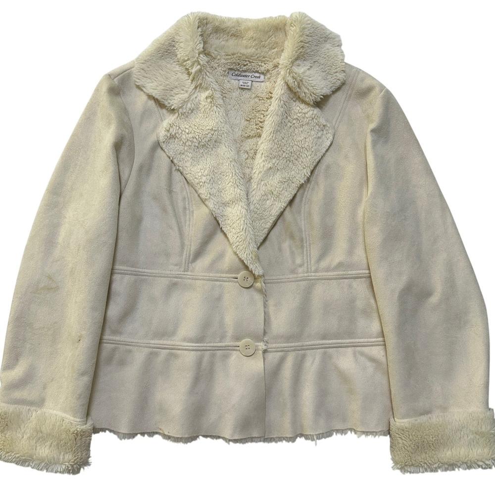 Coldwater Creek Faux Suede Fur Lined Jacket Coat M Cream Boho Chic Y2K Preppy